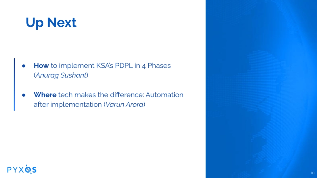 10
Up Next
● How to implement KSA’s PDPL in 4 Phases
(Anurag Sushant)
● Where tech makes the d…