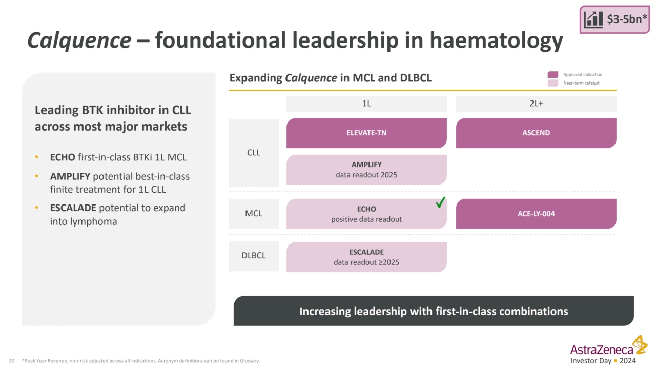 Investor Day • 2024
Calquence – foundational leadership in haematology
20 *Peak Year Revenue, non…