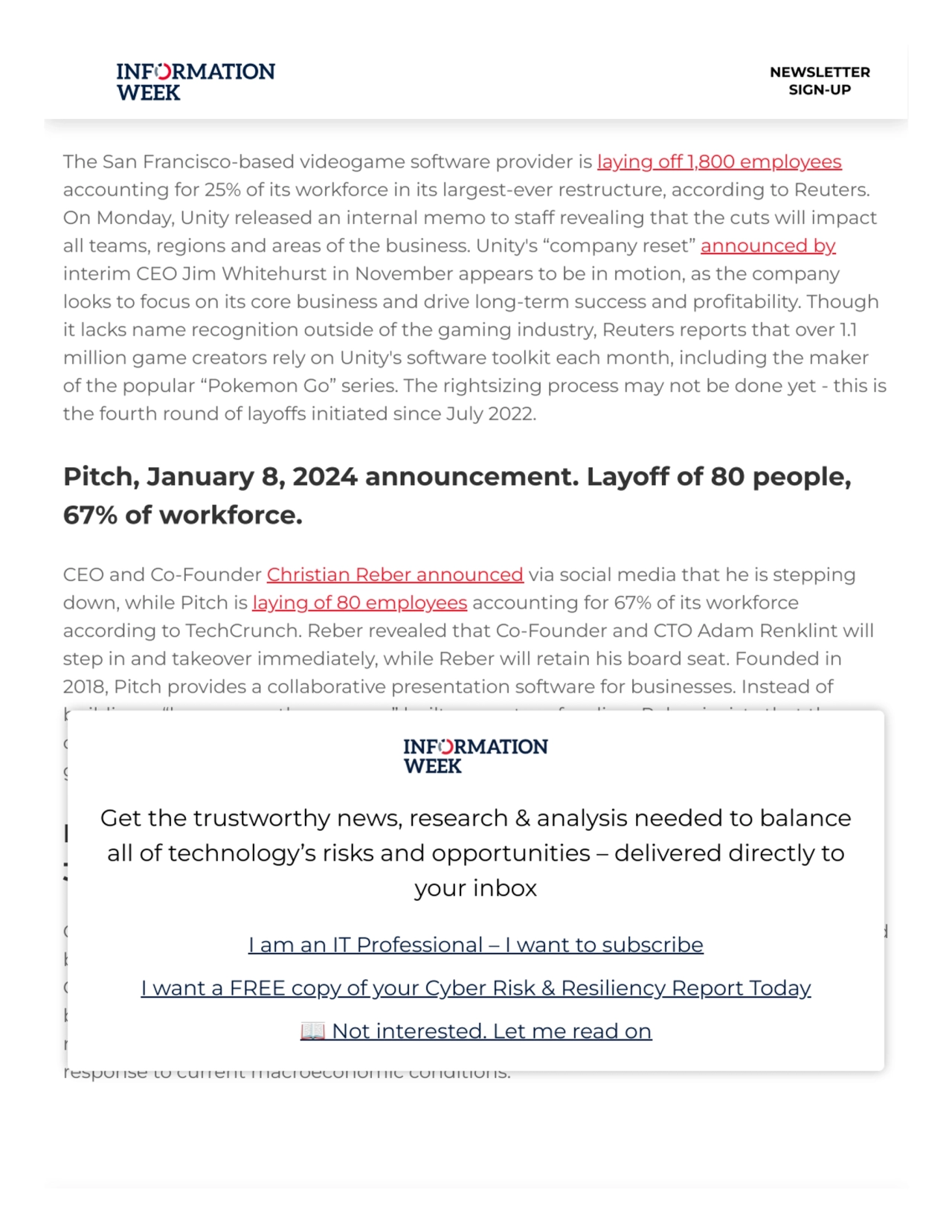 Unity, January 8, 2024 announcement. Layoff of 1,800 people,
25% of workforce.
The San Francisco-…