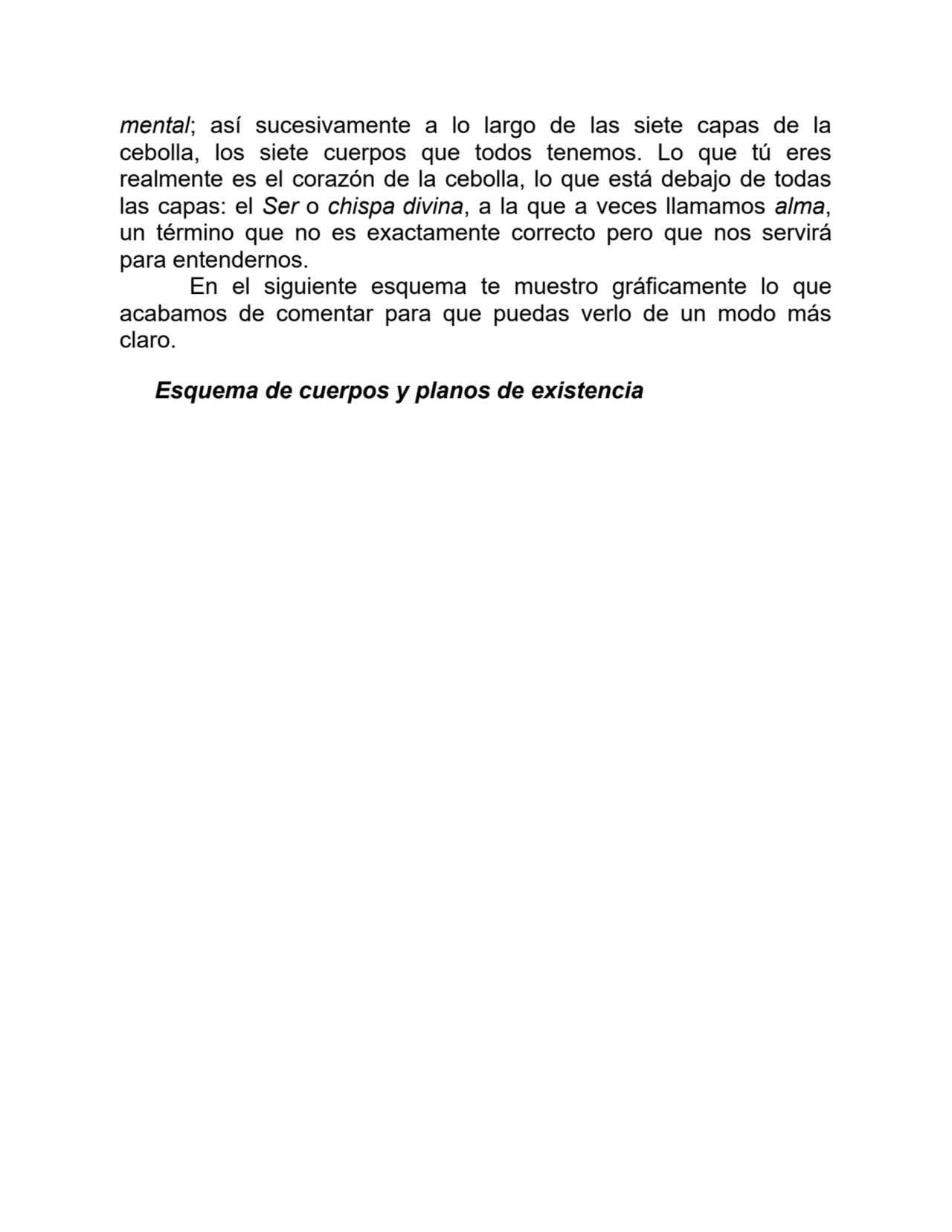mental; así sucesivamente a lo largo de las siete capas de la
cebolla, los siete cuerpos que todos tenemos. Lo que tú eres
realmente es el corazón de la cebolla, lo que está debajo de todas
las capas: el Ser o chispa divina, a la que a veces llamamos alma,
un término que no es exactamente correcto pero que nos servirá
para entendernos.
En el siguiente esquema te muestro gráficamente lo que
acabamos de comentar para que puedas verlo de un modo más
claro.
Esquema de cuerpos y planos de existencia