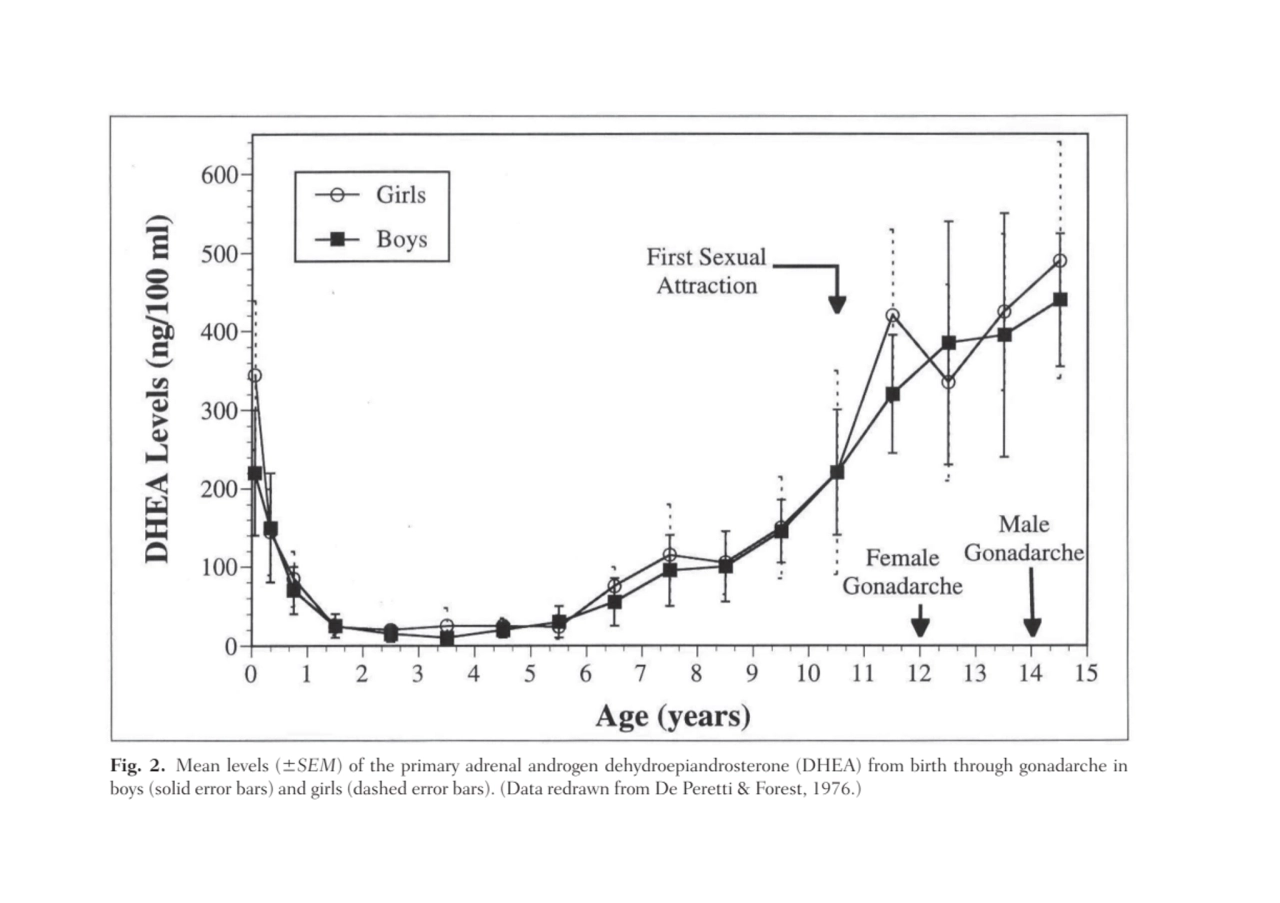 Fig. 2. Mean levels (SEM) of the primary adrenal androgen dehydroepiandrosterone (DHEA) from birth…