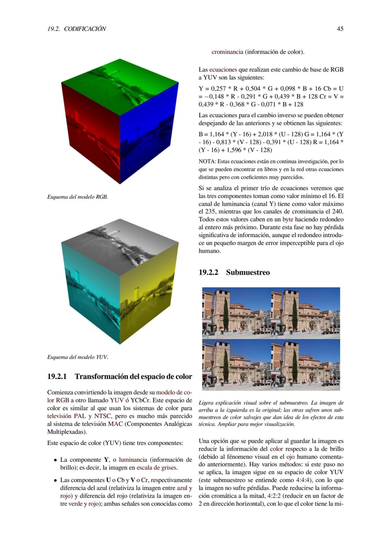 19.2. CODIFICACIÓN 45
Esquema del modelo RGB.
Esquema del modelo YUV.
19.2.1 Transformación del …