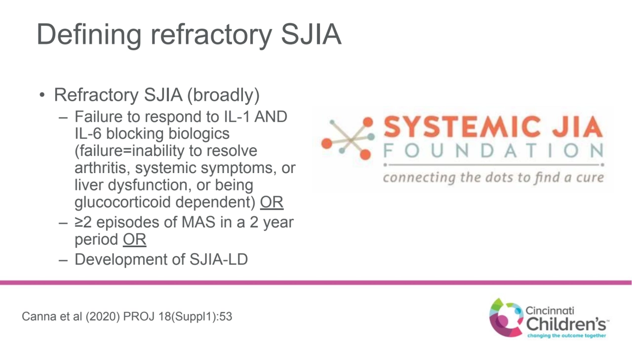 Defining refractory SJIA
• Refractory SJIA (broadly)
– Failure to respond to IL-1 AND 
IL-6 bloc…