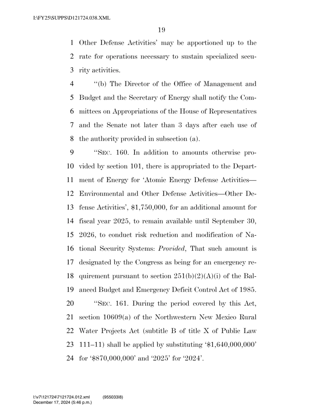 19 
1 Other Defense Activities’ may be apportioned up to the 
2 rate for operations necessary to …