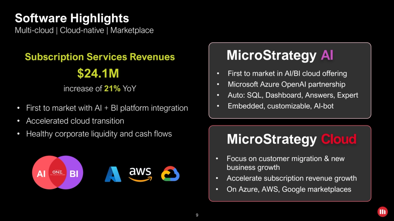 9
Software Highlights
• First to market with AI + BI platform integration
• Accelerated cloud tr…