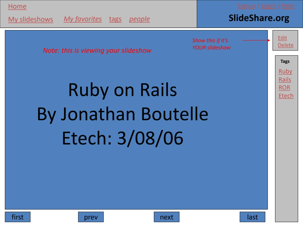 first prev next last
Ruby on Rails
By Jonathan Boutelle
Etech: 3/08/06
My slideshows My favorit…