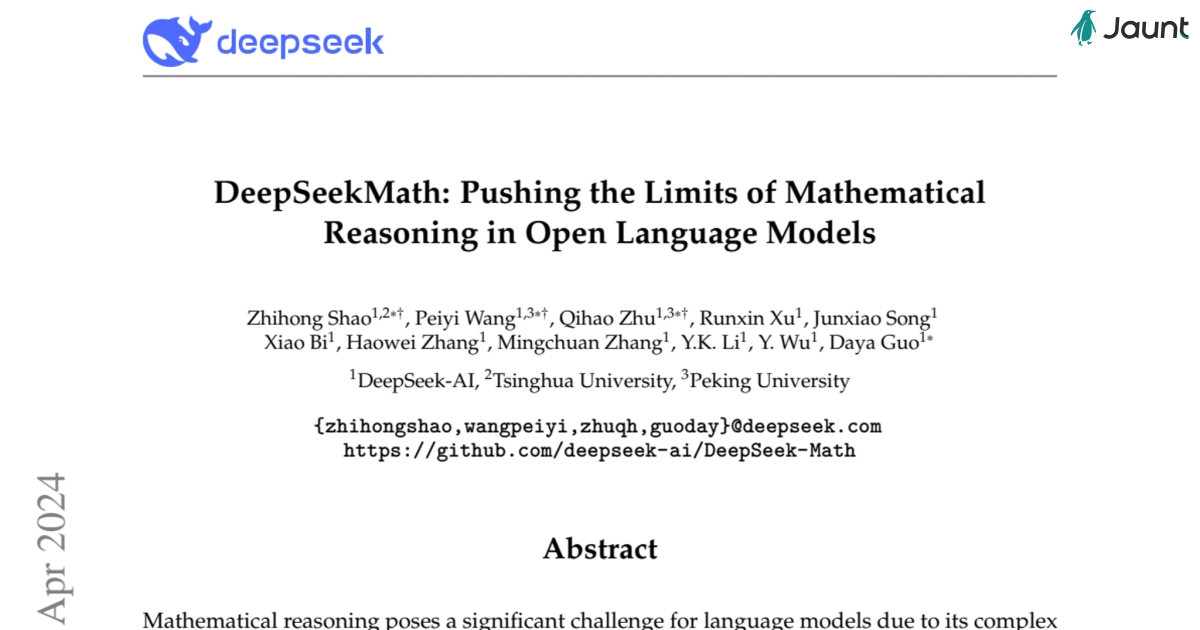 DeepSeekMath: Pushing the Limits of Mathematical Reasoning