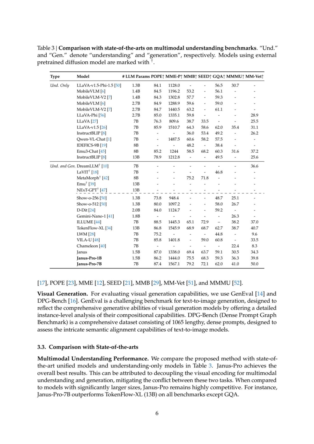 Table 3 | Comparison with state-of-the-arts on multimodal understanding benchmarks. “Und.”
and “Ge…