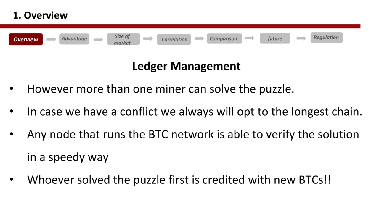 Ledger Management 
• However more than one miner can solve the puzzle. 
• In case we have a confl…