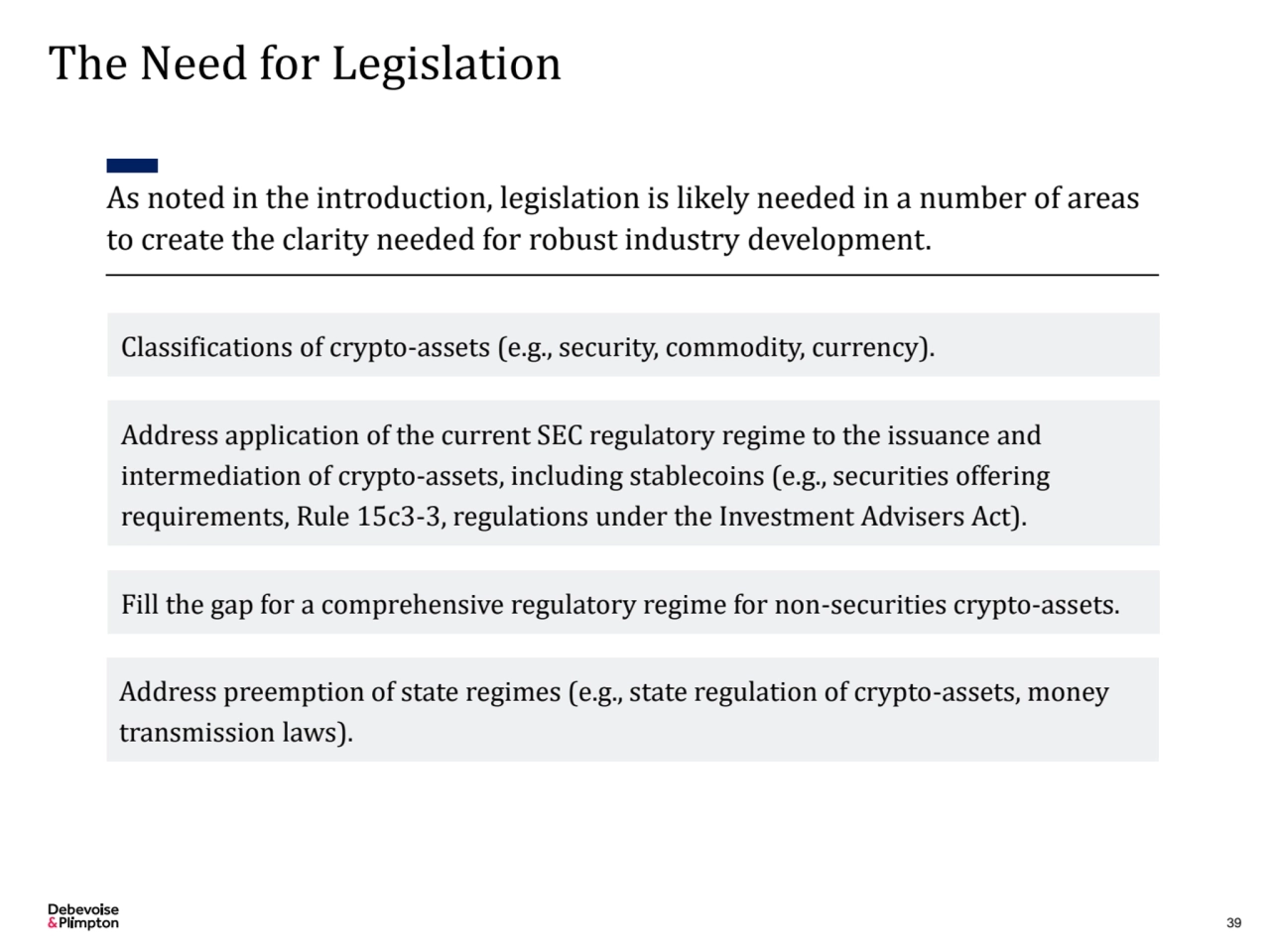 The Need for Legislation
Classifications of crypto-assets (e.g., security, commodity, currency). 
…