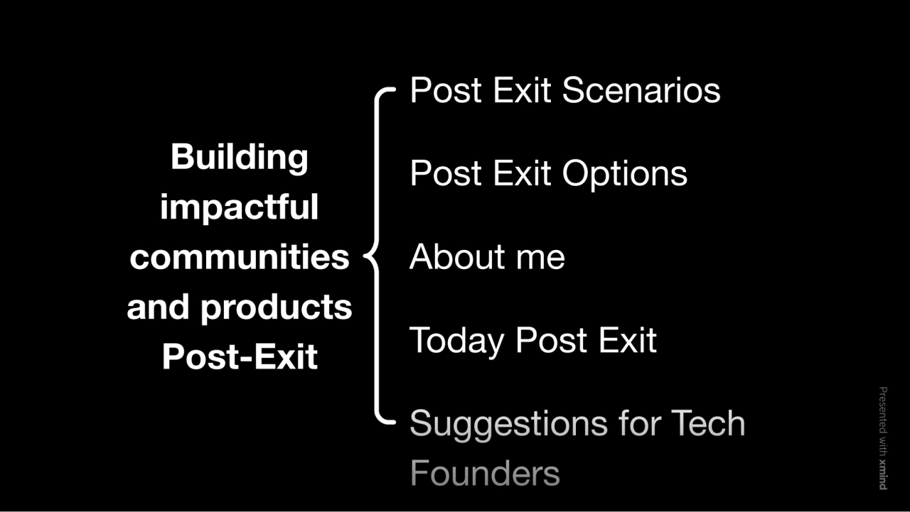 Building
impactful
communities
and products
Post-Exit
Post Exit Scenarios
Post Exit Options
…