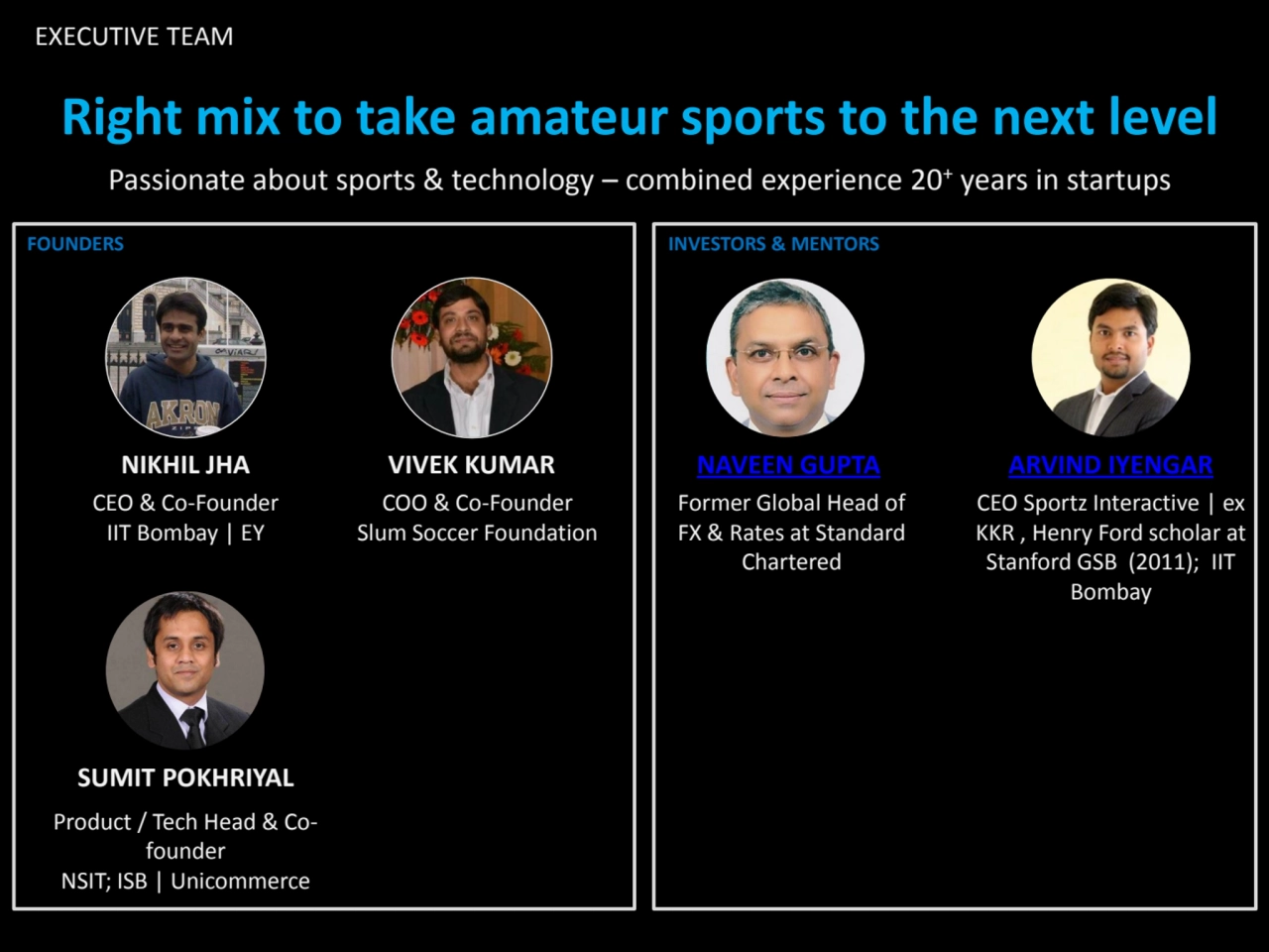 EXECUTIVE TEAM
Right mix to take amateur sports to the next level
Passionate about sports & techn…