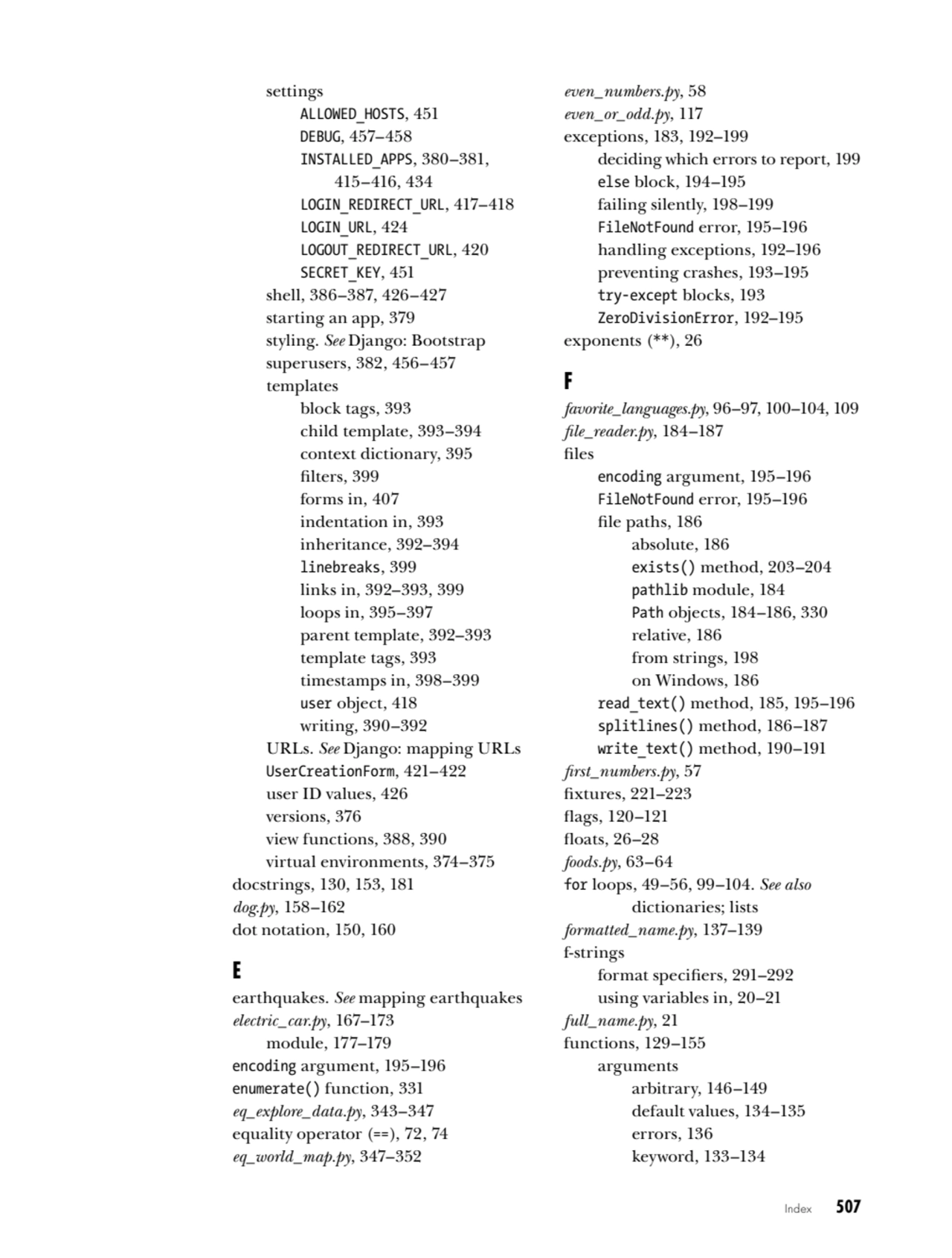 Index   507
settings
ALLOWED_HOSTS, 451
DEBUG, 457–458
INSTALLED_APPS, 380–381, 
415–416, 434
…