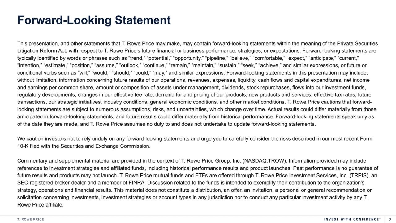 T. R O W E P R I C E 2
This presentation, and other statements that T. Rowe Price may make, may contain forward-looking statements within the meaning of the Private Securities 
Litigation Reform Act, with respect to T. Rowe Price’s future financial or business performance, strategies, or expectations. Forward-looking statements are 
typically identified by words or phrases such as “trend,” “potential,” “opportunity,” “pipeline,” “believe,” “comfortable,” “expect,” “anticipate,” “current,” 
“intention,” “estimate,” “position,” “assume,” “outlook,” “continue,” “remain,” “maintain,” “sustain,” “seek,” “achieve,” and similar expressions, or future or 
conditional verbs such as “will,” “would,” “should,” “could,” “may,” and similar expressions. Forward-looking statements in this presentation may include, 
without limitation, information concerning future results of our operations, revenues, expenses, liquidity, cash flows and capital expenditures, net income 
and earnings per common share, amount or composition of assets under management, dividends, stock repurchases, flows into our investment funds, 
regulatory developments, changes in our effective fee rate, demand for and pricing of our products, new products and services, effective tax rates, future 
transactions, our strategic initiatives, industry conditions, general economic conditions, and other market conditions. T. Rowe Price cautions that forwardlooking statements are subject to numerous assumptions, risks, and uncertainties, which change over time. Actual results could differ materially from those 
anticipated in forward-looking statements, and future results could differ materially from historical performance. Forward-looking statements speak only as 
of the date they are made, and T. Rowe Price assumes no duty to and does not undertake to update forward-looking statements. 
We caution investors not to rely unduly on any forward-looking statements and urge you to carefully consider the risks described in our most recent Form 
10-K filed with the Securities and Exchange Commission.
Commentary and supplemental material are provided in the context of T. Rowe Price Group, Inc. (NASDAQ:TROW). Information provided may include 
references to investment strategies and affiliated funds, including historical performance results and product launches. Past performance is no guarantee of 
future results and products may not launch. T. Rowe Price mutual funds and ETFs are offered through T. Rowe Price Investment Services, Inc. (TRPIS), an 
SEC-registered broker-dealer and a member of FINRA. Discussion related to the funds is intended to exemplify their contribution to the organization's 
strategy, operations and financial results. This material does not constitute a distribution, an offer, an invitation, a personal or general recommendation or 
solicitation concerning investments, investment strategies or account types in any jurisdiction nor to conduct any particular investment activity by any T. 
Rowe Price affiliate.
Forward-Looking Statement